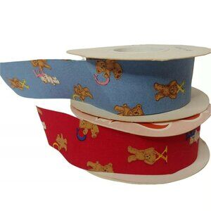 Vintage WFR Fabric Ribbon Spool Pair Teddy Bear Alphabet 1.25" Red Blue Kid Baby